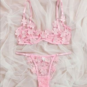 Floral Appliqués Pink Mesh Lingerie Set Medium